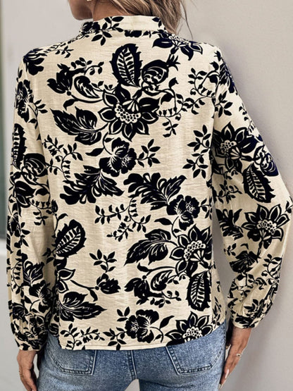 Perfee Printed Notched Long Sleeve Shirt