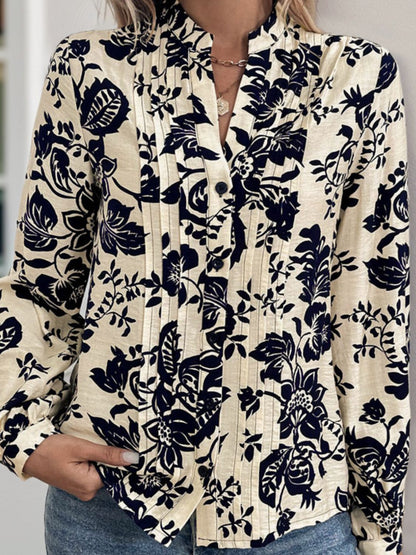 Perfee Printed Notched Long Sleeve Shirt